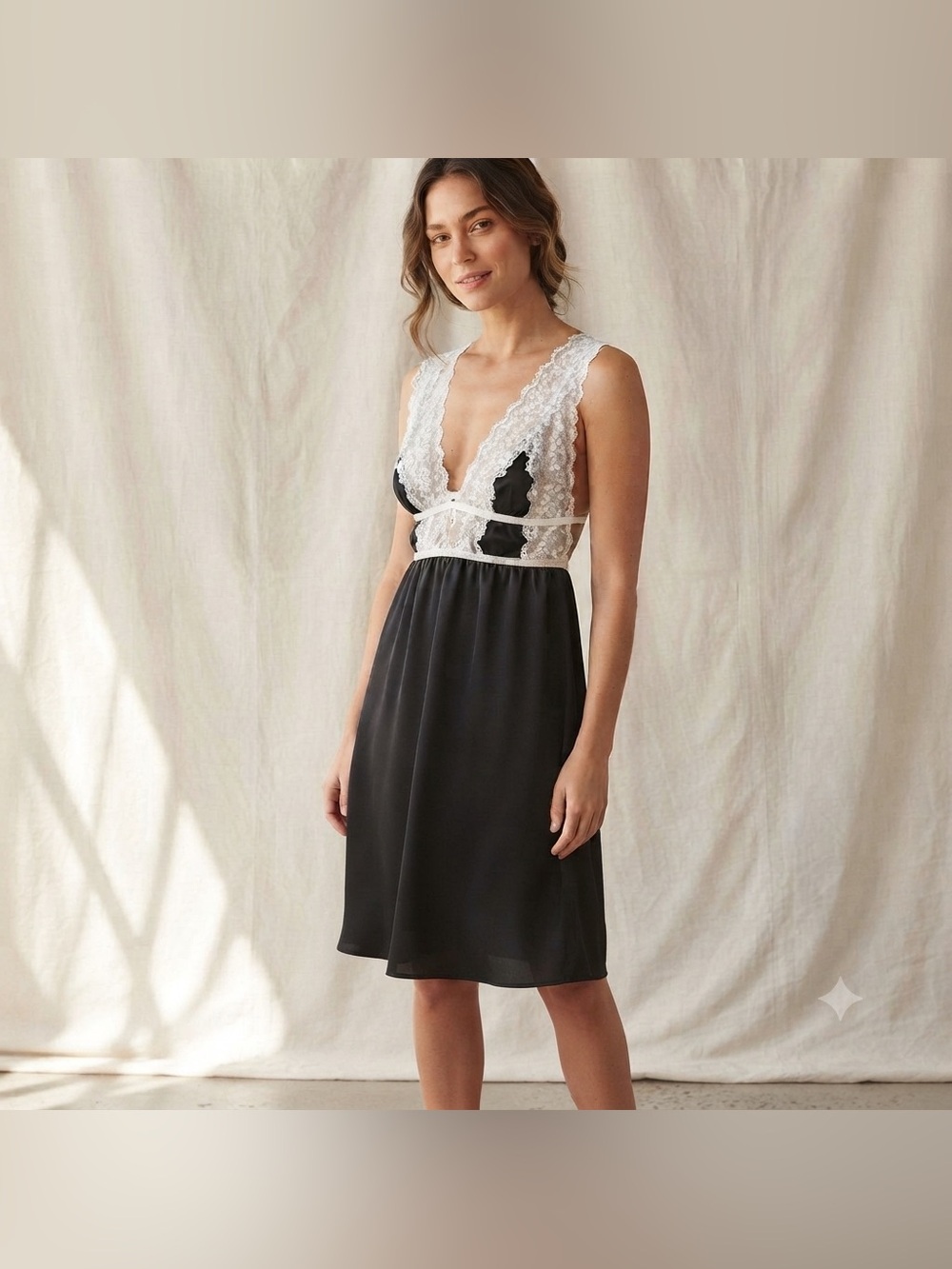 Black Satin Lingerie Slip Dress Contrast White Lace Trim Sleeveless Size Small